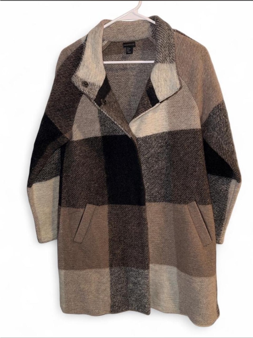 Paraphrase Plaid Pea Coat in Black, Gray, Cream, Brown